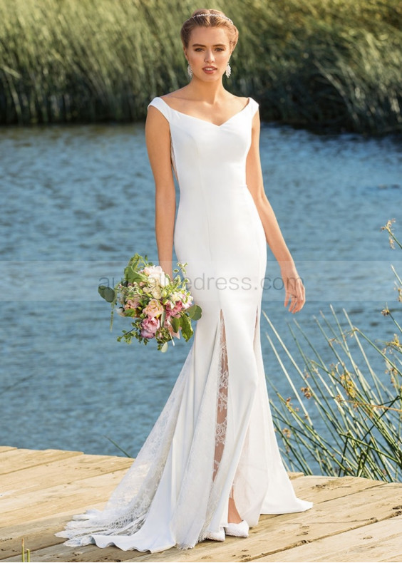 Ivory Satin Minimalist Wedding Dress With Lace Insert